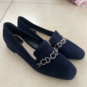 Christian Dior Women's Navy Blue Suede Leather Loafers Flats Size 37 1/2